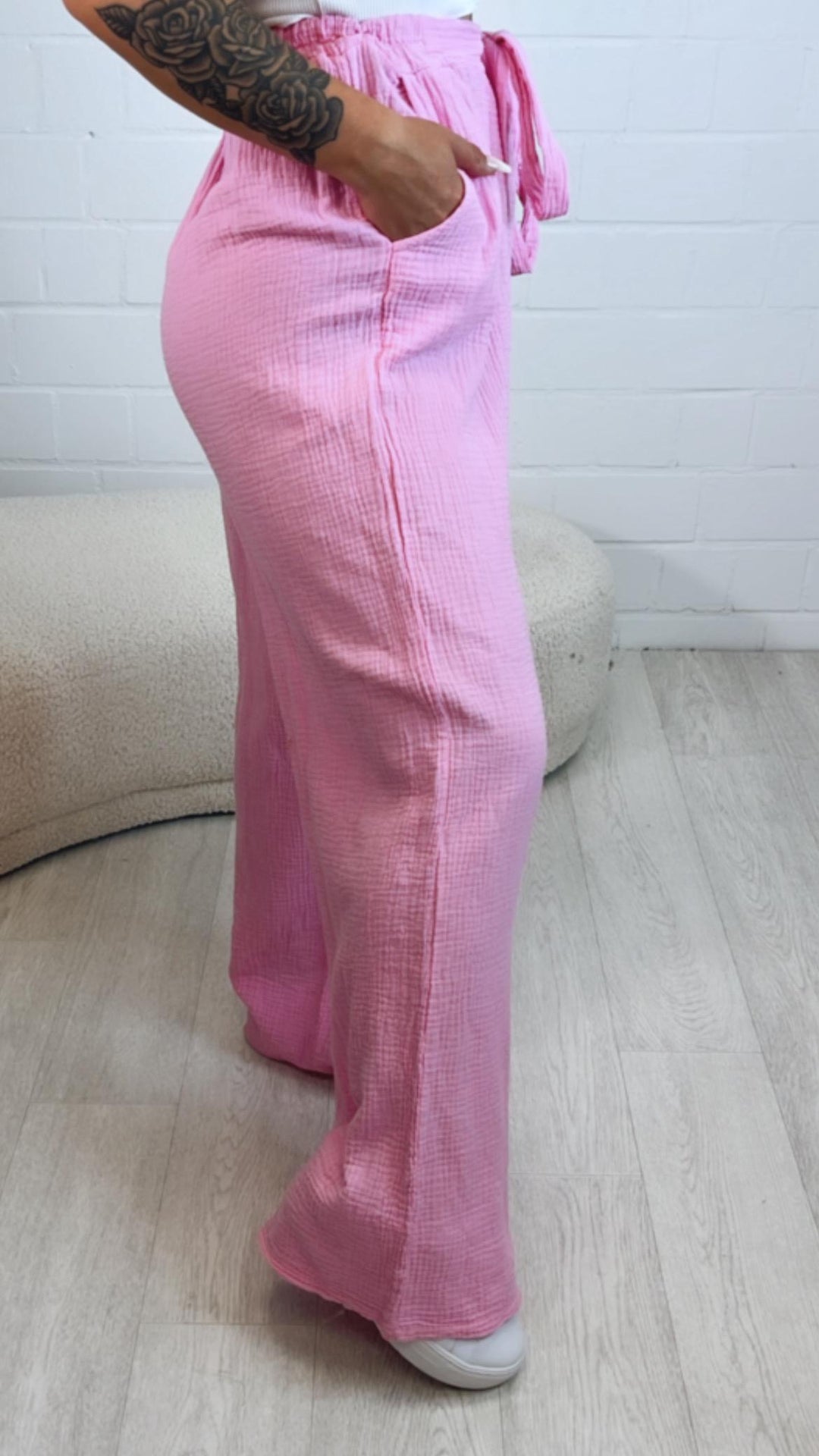 schlichte Musselin Hose, Tunnelzug mit Musselinband / soft pink Art. 10568
