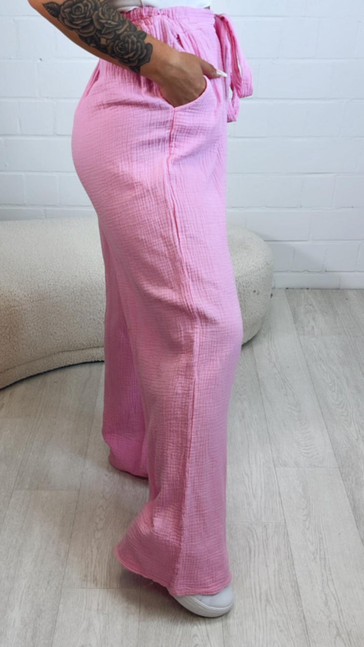 schlichte Musselin Hose, Tunnelzug mit Musselinband / soft pink Art. 10568