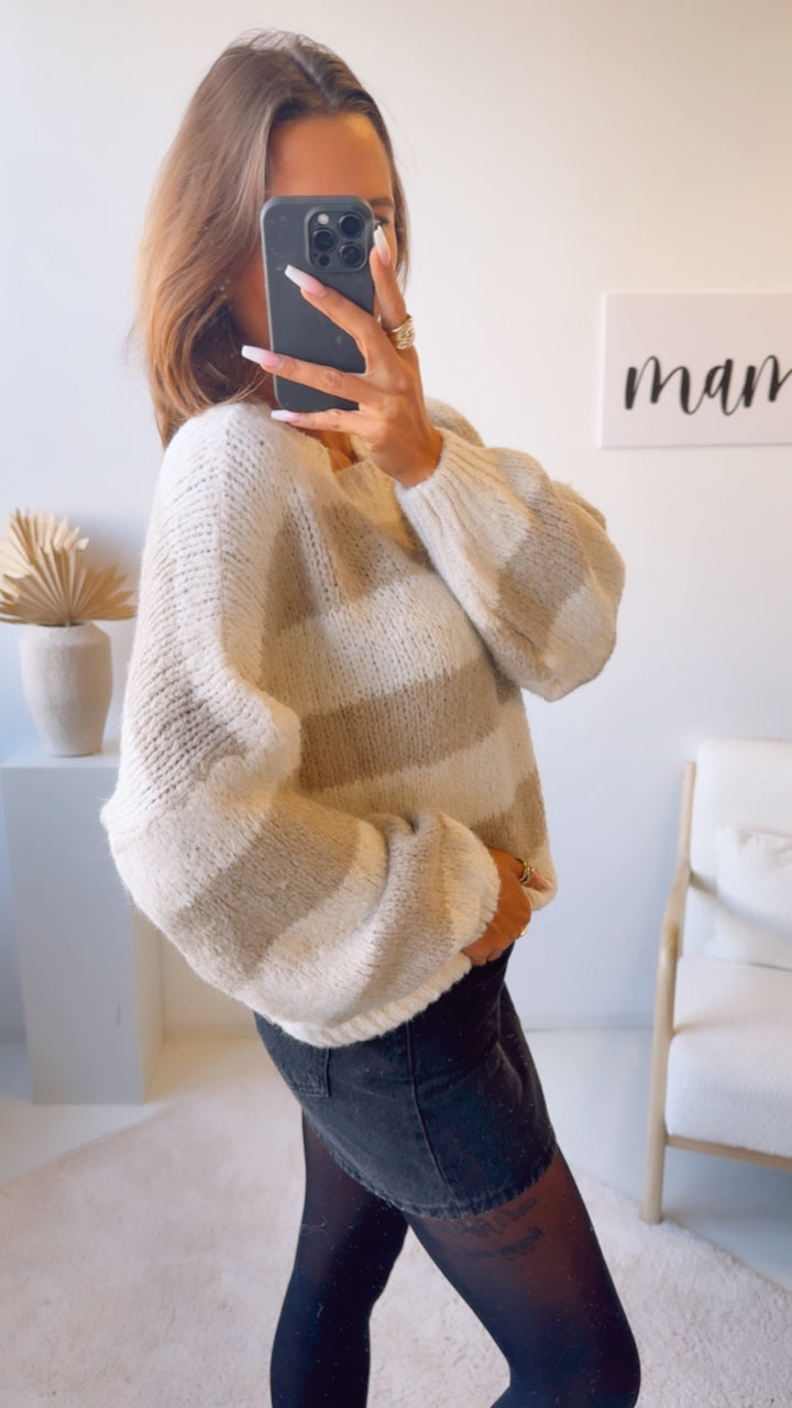 STREIFEN Strick Pullover mit abgesetztem Ausschnitt / beige - creme Art. 12778 KHX