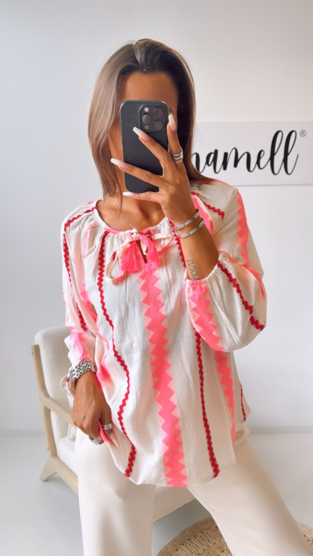 Bluse mit Muster, Bömmel / creme - magenta - neon pink Art. 10386