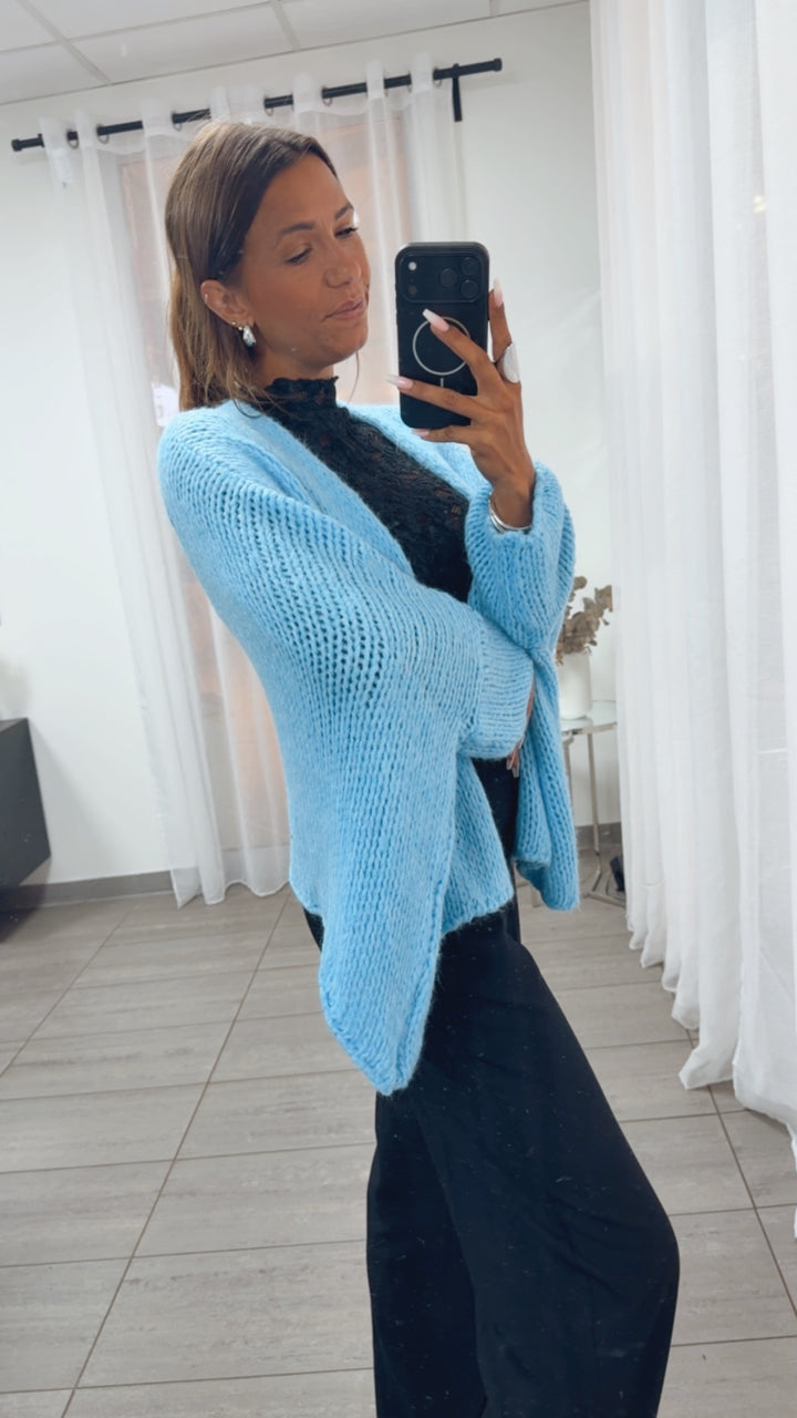 Oversize Strick Cardigan mit 3/4 -  Fledermausärmeln, offen / hell blau Art. 16218