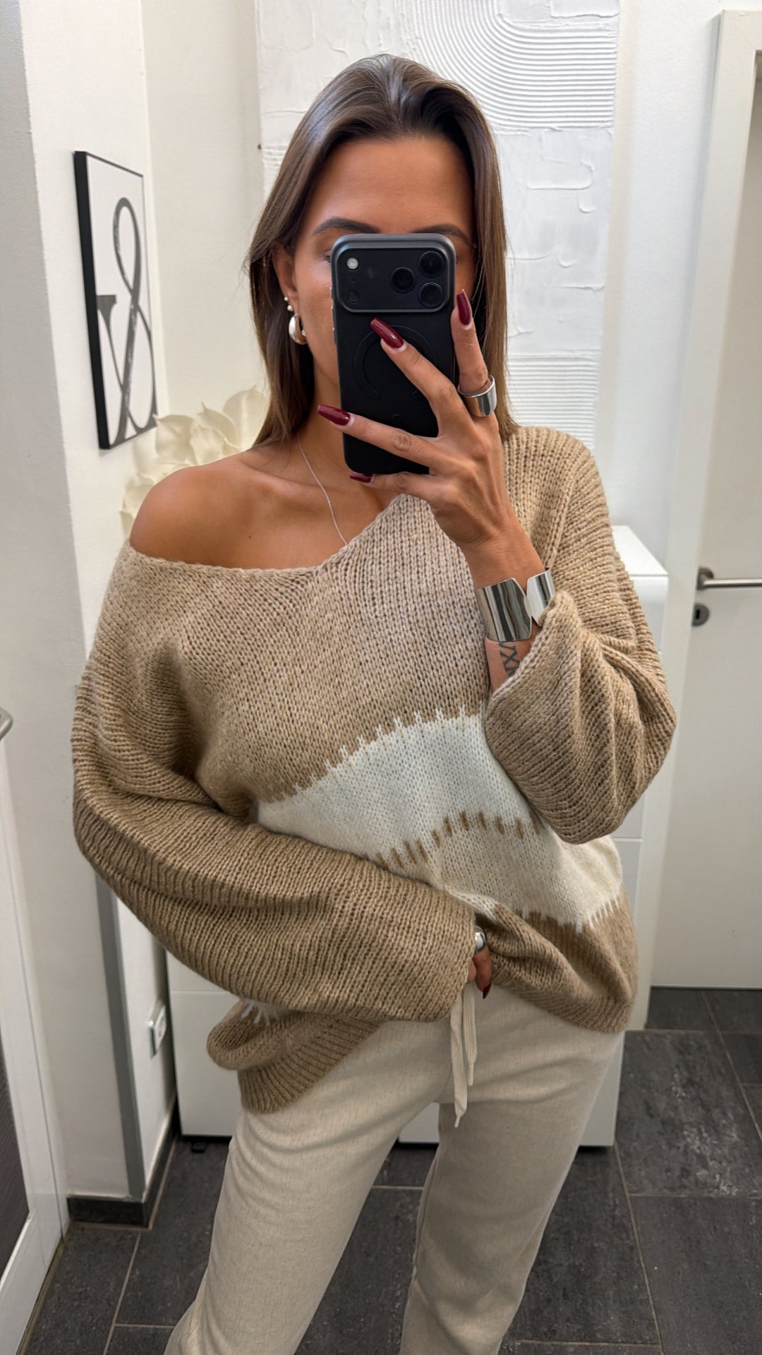 Wollfreier Blockstreifen Pullover / beige  - weiß - creme Art.16563