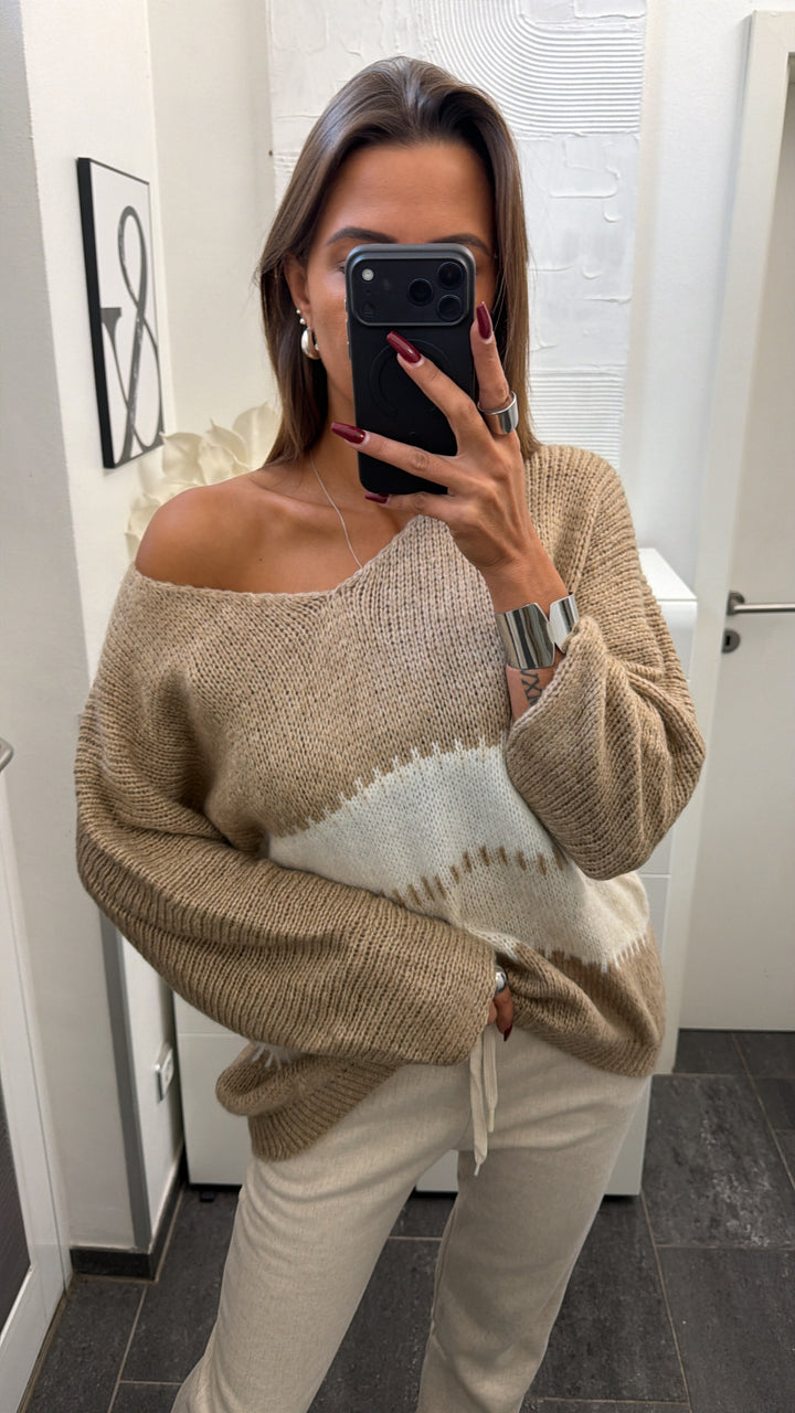 Wollfreier Blockstreifen Pullover / beige  - weiß - creme Art.16563