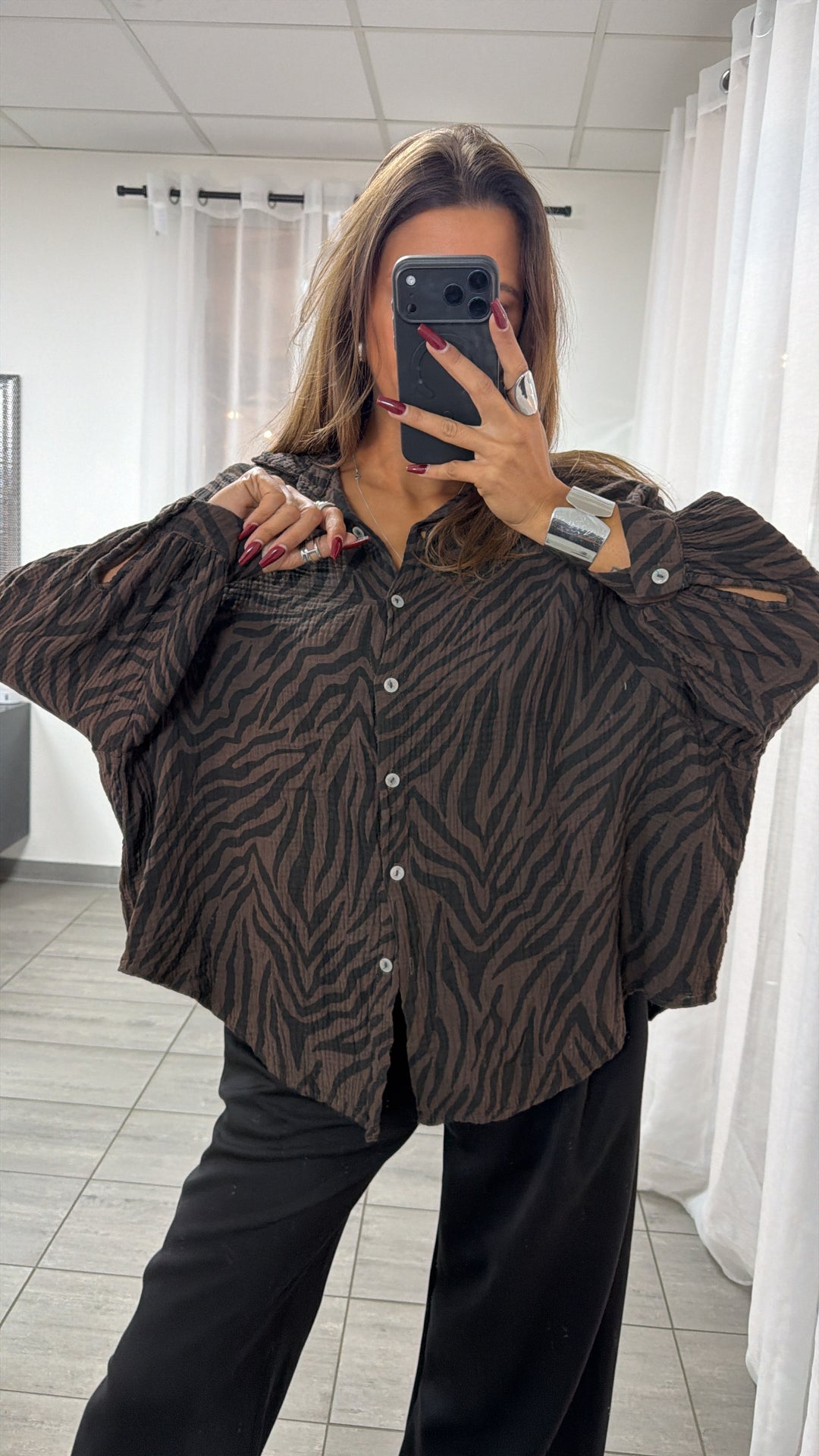 ZEBRA KURZE Oversize Musselin Bluse / braun - schwarz Art. 16461
