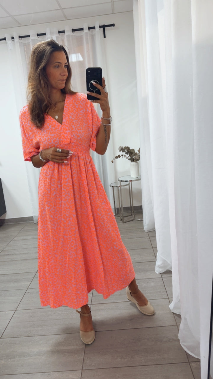 LEO Musselin Midi Sommerkleid, geraffte Taille / rosa - orange Art. 15449
