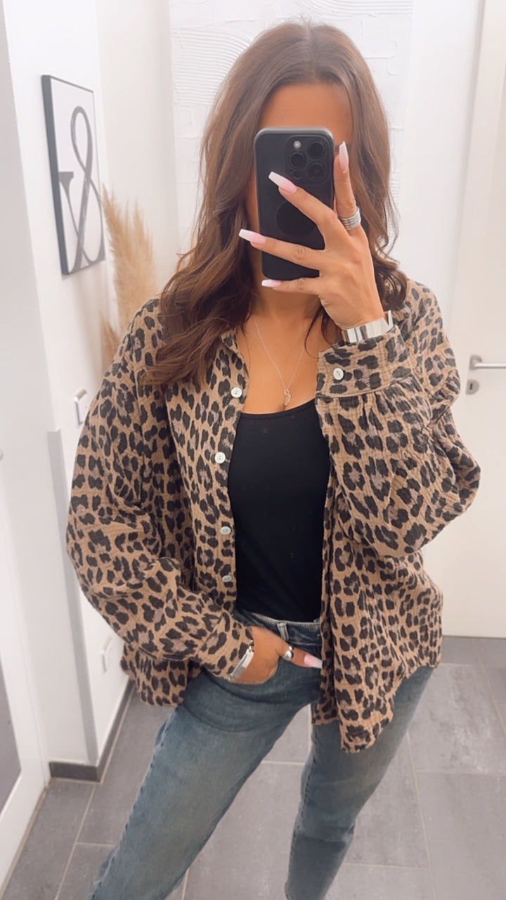 KURZE Oversize Musselin Bluse / leo camel Art. 7781
