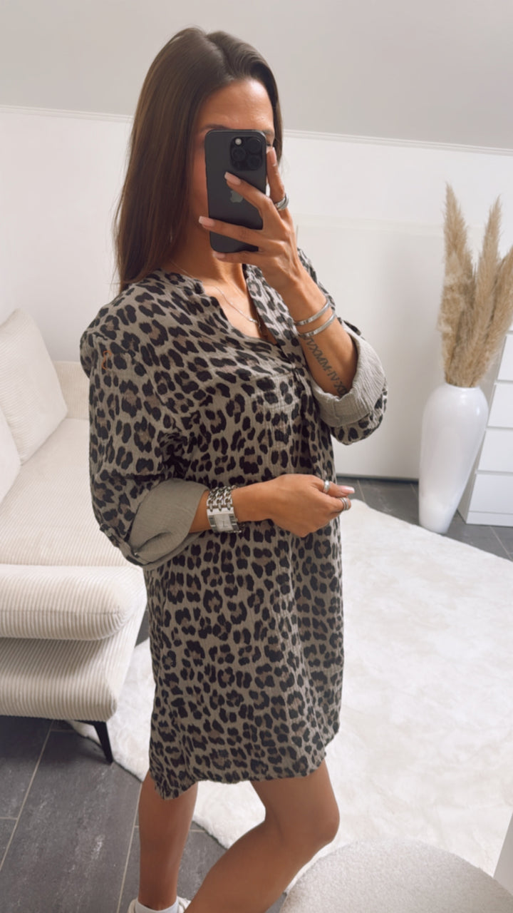 LEO Musselin Blusen Kleid mit V-Ausschnitt / leo taupe Art. 9554