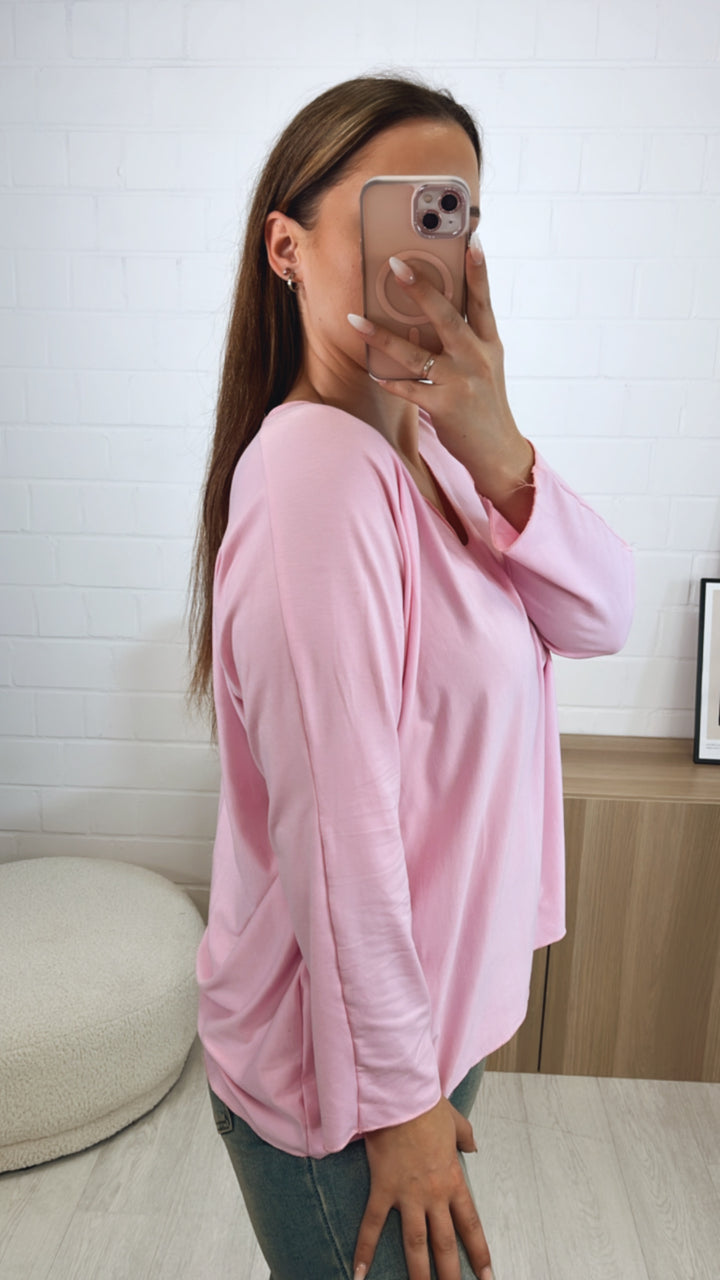 Lockeres Langarm Oberteil mit V-Ausschnitt / soft pink Art. 9792