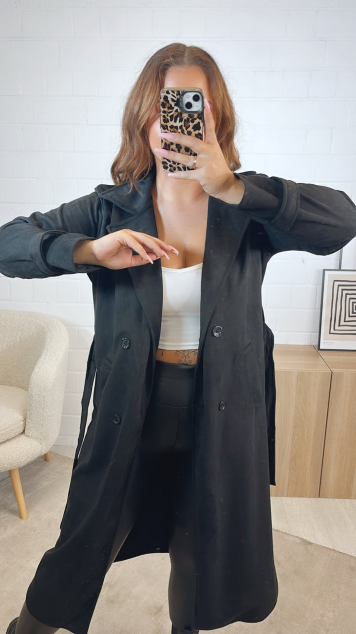 VELOURS Trenchcoat Mantel mit KNÖPFEN / schwarz Art. 12604