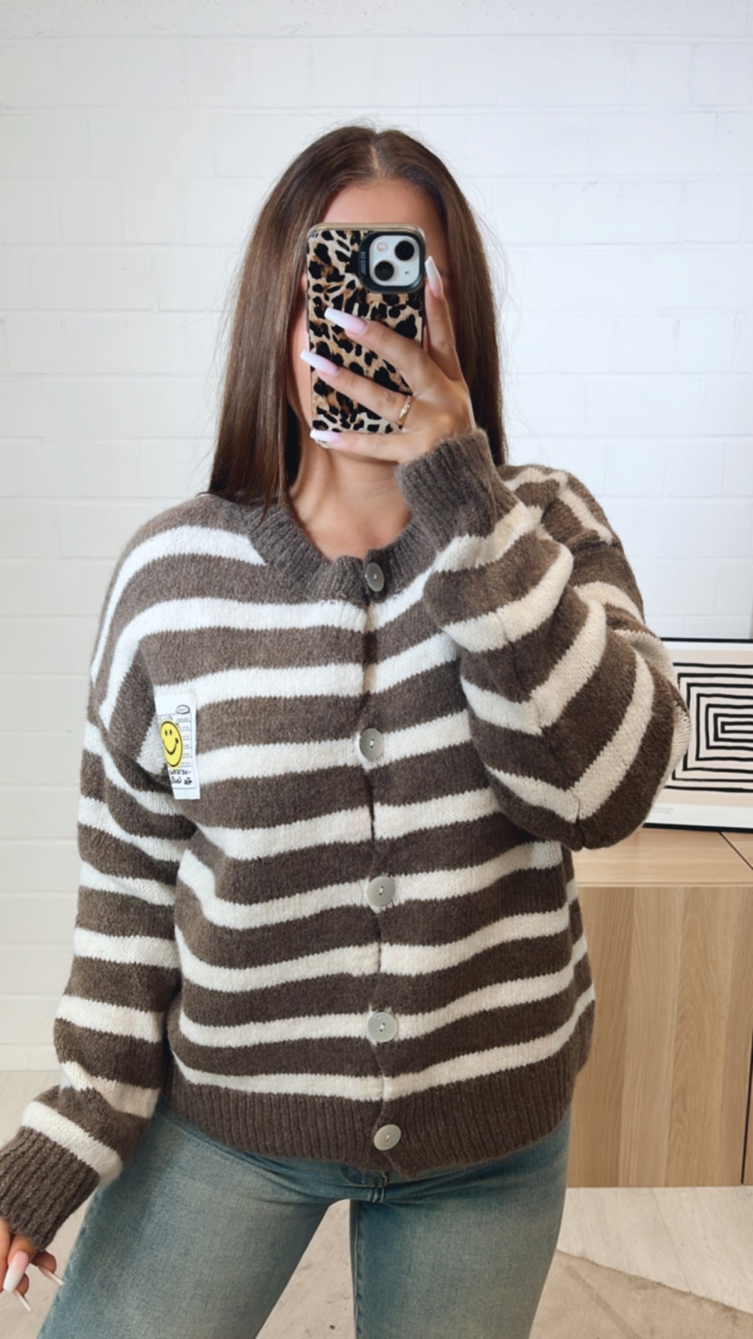 gestreifter Cardigan " Smiley " / taupe - creme Art. 11211