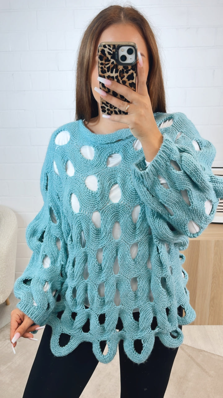 ausgefallener Pullover, grobes Loch Muster / aqua Art. 12367