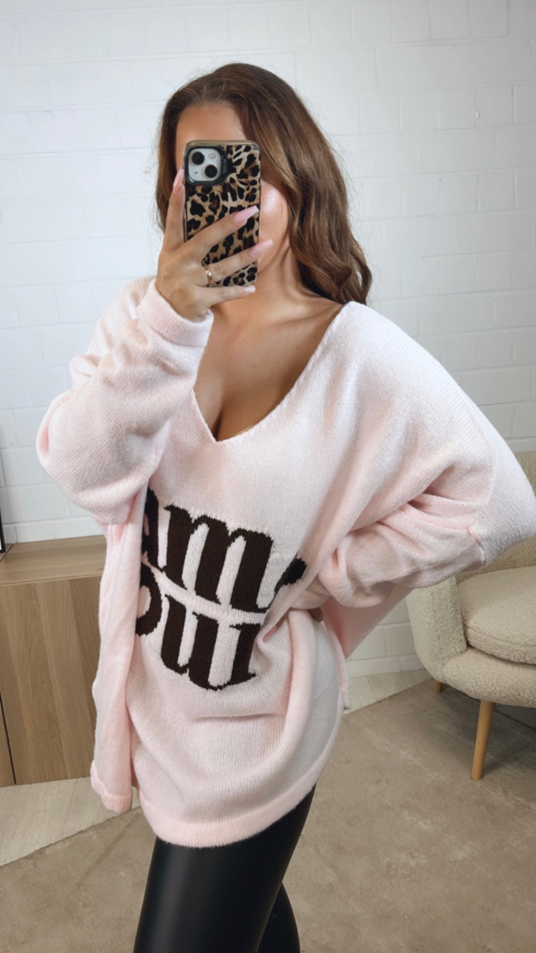 weiter Strick Pullover " Amour " / soft rosa - dunkel braun Art. 12515