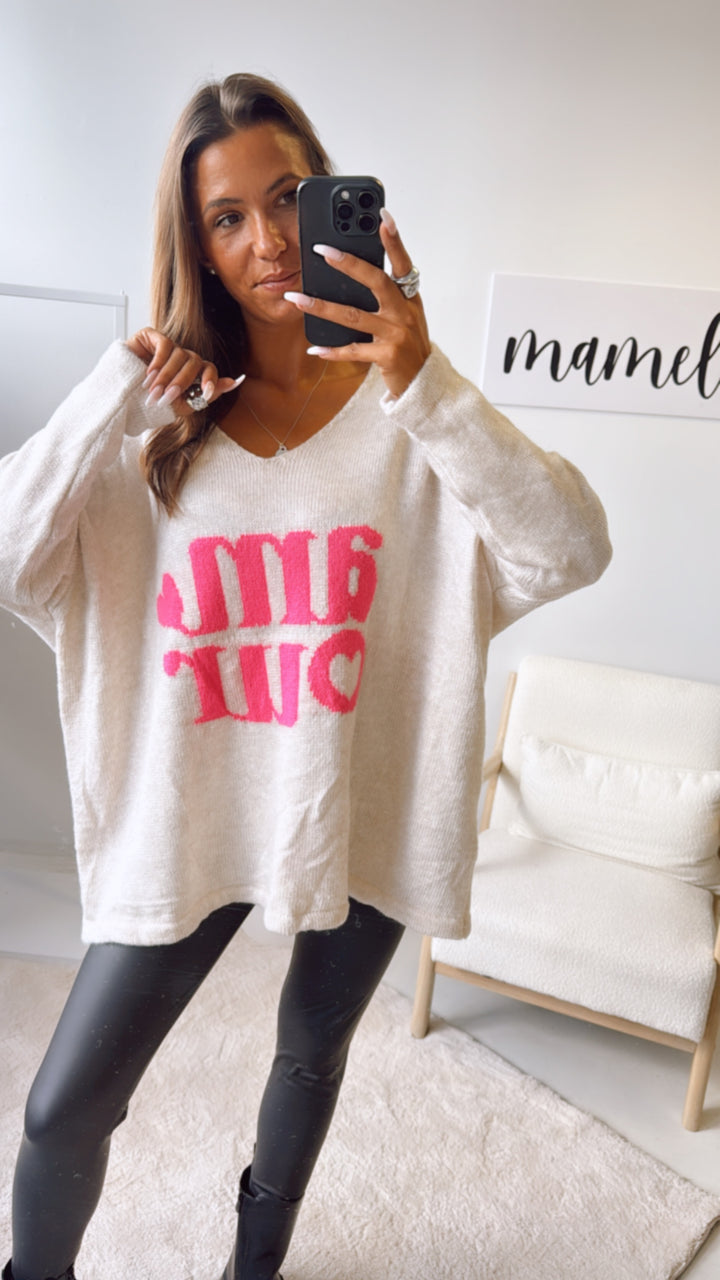 ultra oversize Strick Pullover " Amour " / creme - neon pink Art. 122319
