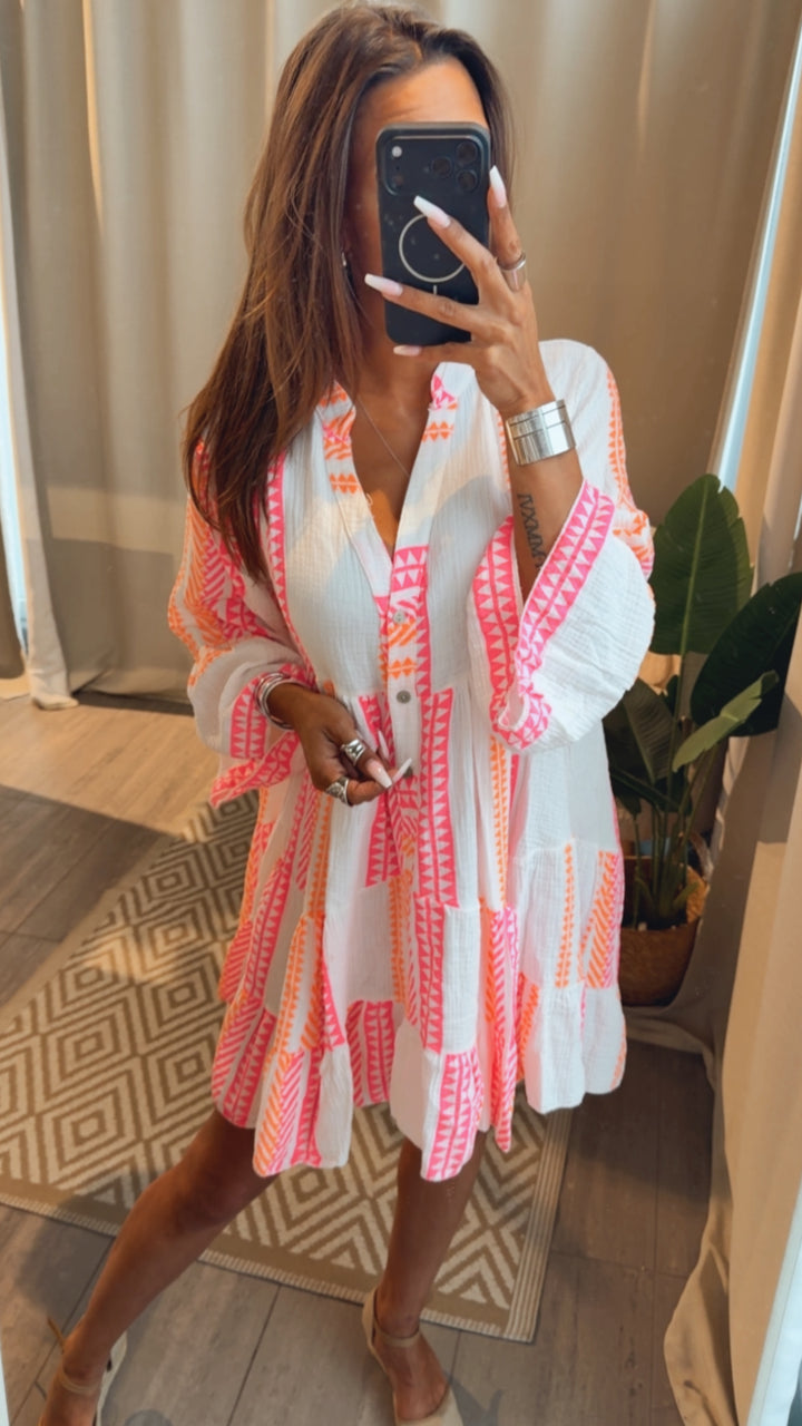Musselin Kleid / Tunika mit Muster / weiss - Neon orange - Neon pink Art. 15259