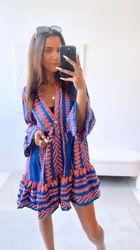 Tunika Kleid mit ausgefallenem Muster, eckige Formen / royal blau - kräftiges orange Art. 6707