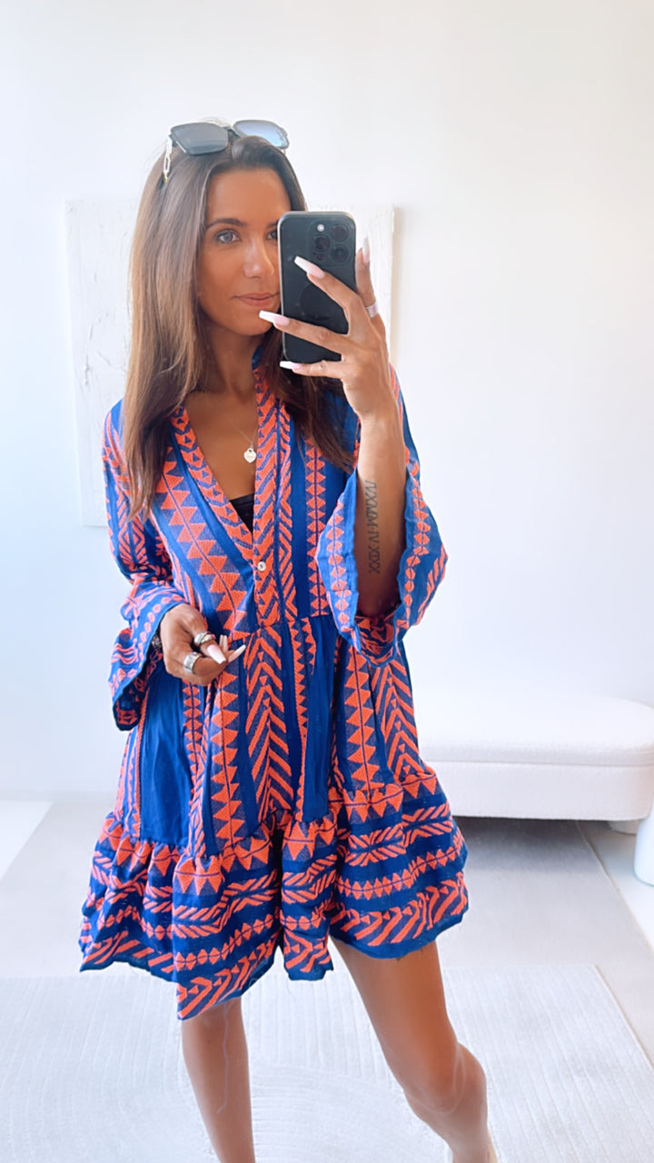 Tunika Kleid mit ausgefallenem Muster, eckige Formen / royal blau - kräftiges orange Art. 6707