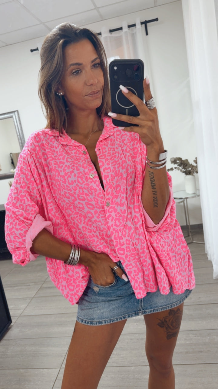 LEO KURZE Oversize Musselin Bluse / rosa - neon pink Art. 15246