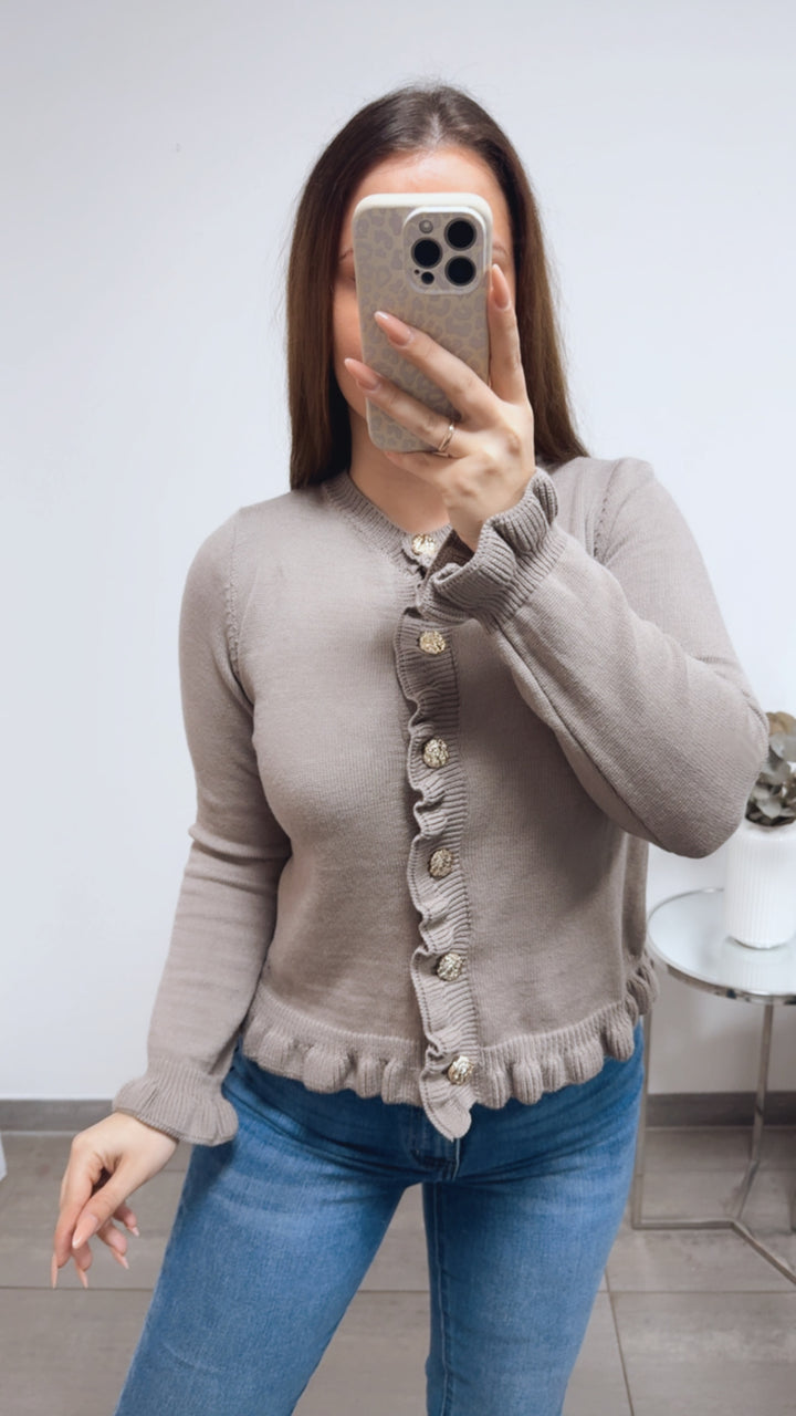 VOLANT leichter Strick Cardigan, goldene Knöpfe / taupe Art. 13812