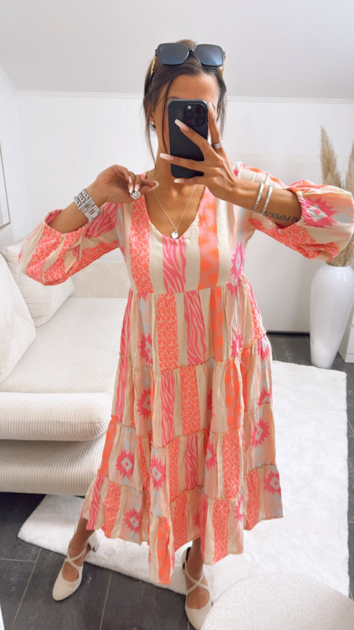 (Midi-) PREMIUM Summer Vibe Kleid / creme - orange - pink Art. 9164
