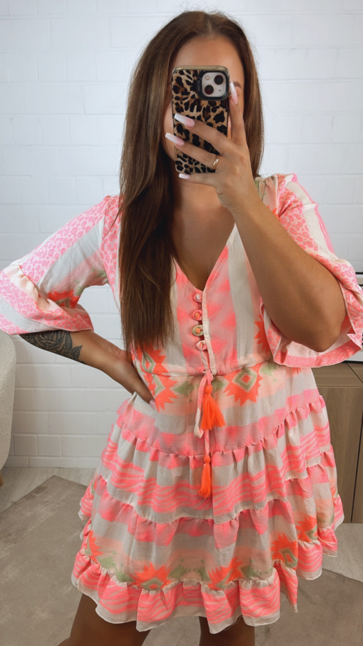 PREMIUM Kleid / creme - soft matcha - neon pink - coral Art. 12365