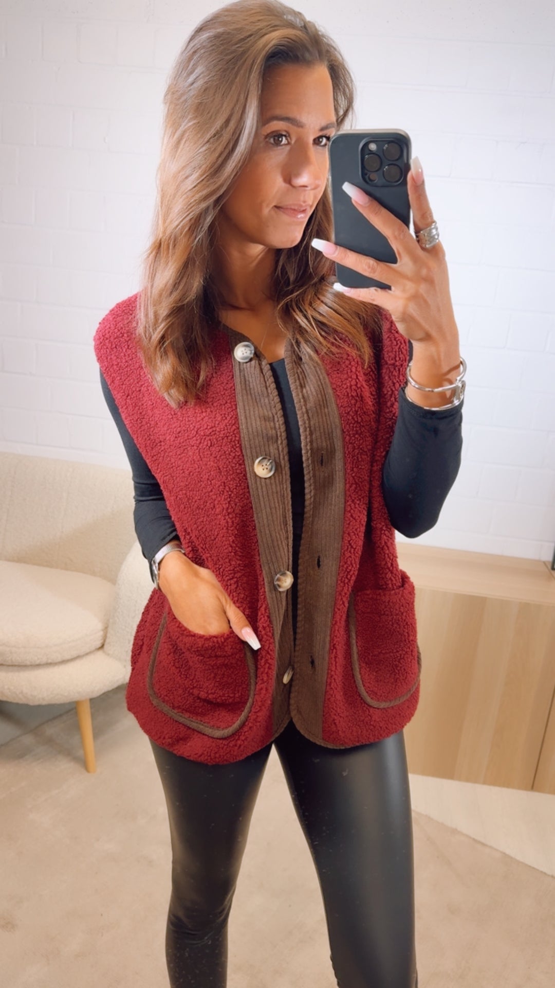 TEDDY Weste mit Cord Applikationen / bordeaux rot - dunkel braun Art. 13094