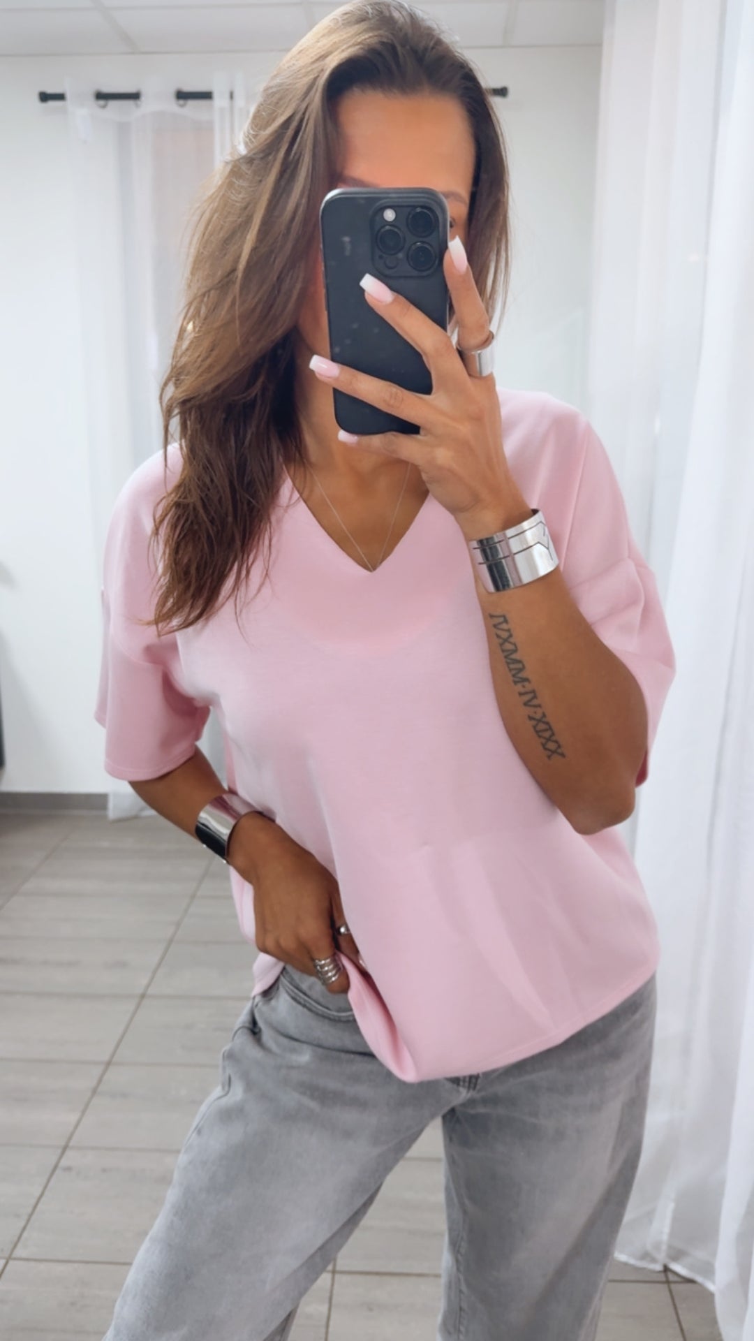V-Ausschnitt Butterstoff T-Shirt / rosa Art.14831