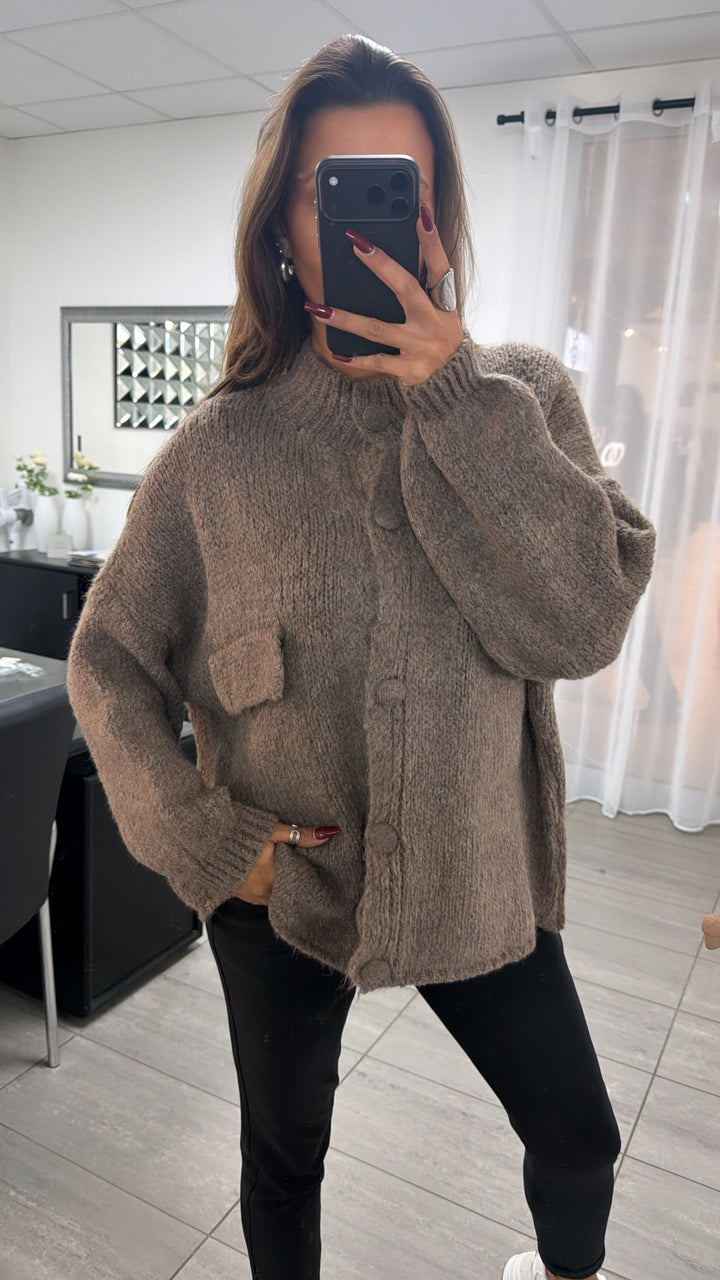 Oversize Strick Cardigan mit Taschen, Strick Knöpfe / taupe Art. 16736