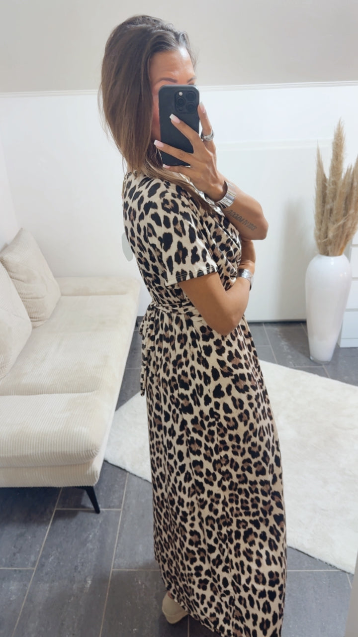 MAXI Leo Kleid mit T-Shirt Ärmeln und raffiniertem Brustbereich / beige - braun - schwarz Art.14816