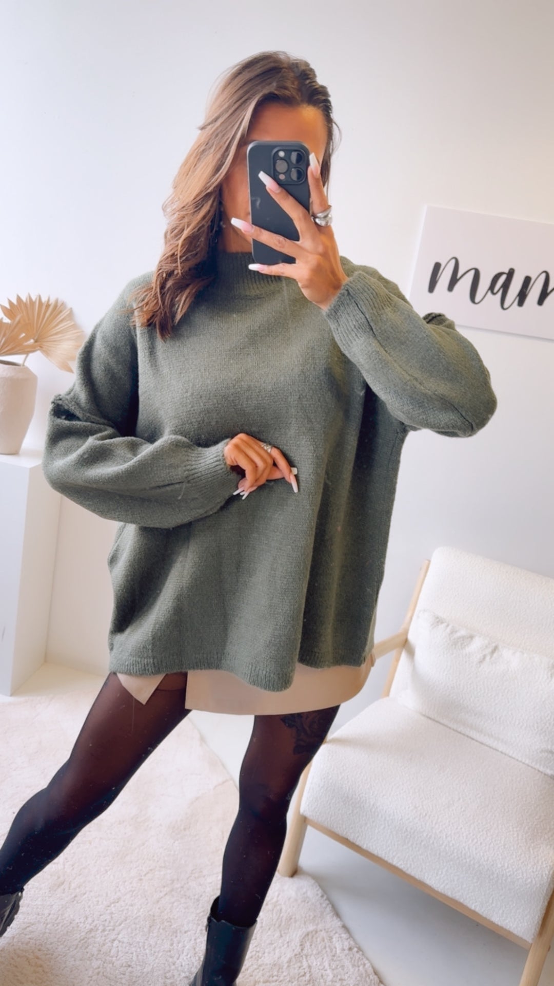 wollfreier Oversize Pullover / khaki Art. 12897
