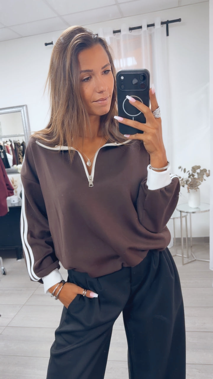 Half - Zip Sweater mit Kontraststreifen / braun - weiss Art. 16188