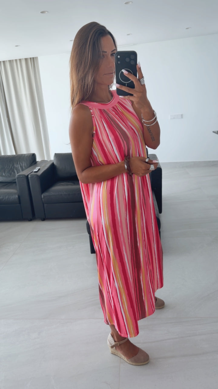 LINIEN Maxi A-Linien Kleid, Neckholder / pink - rosa - gelb - braun Art. 15991