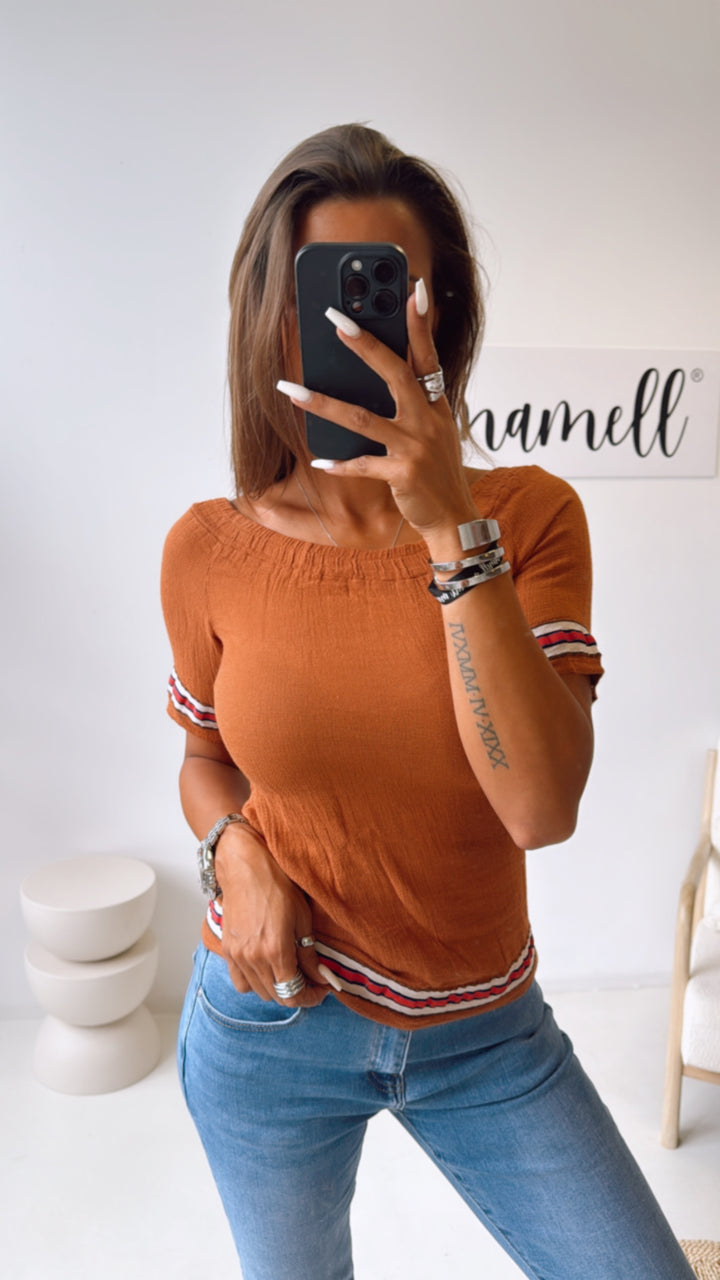 Off - Shoulder Baumwoll Oberteil, Streifen / rost Art. 10524