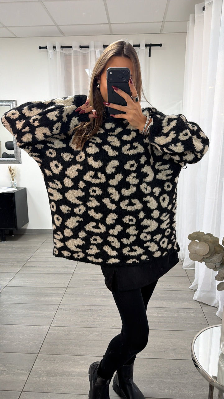 LEO Oversize Kuschel - Pullover / braun meliert / schwarz- beige Art. 13054