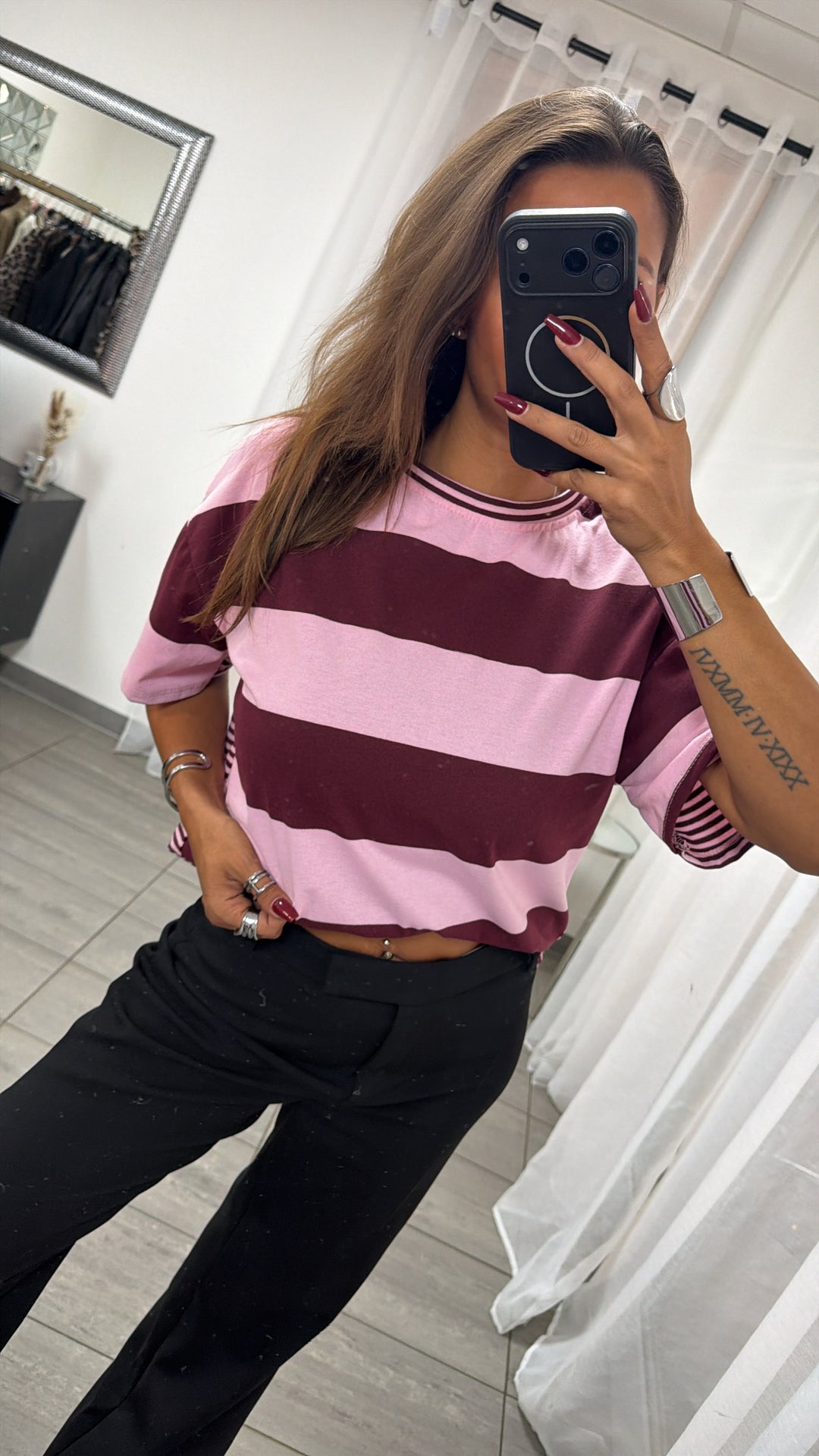 leichtes oversize T-shirt im Streifen Mix / burgundy - rosa Art. 16502