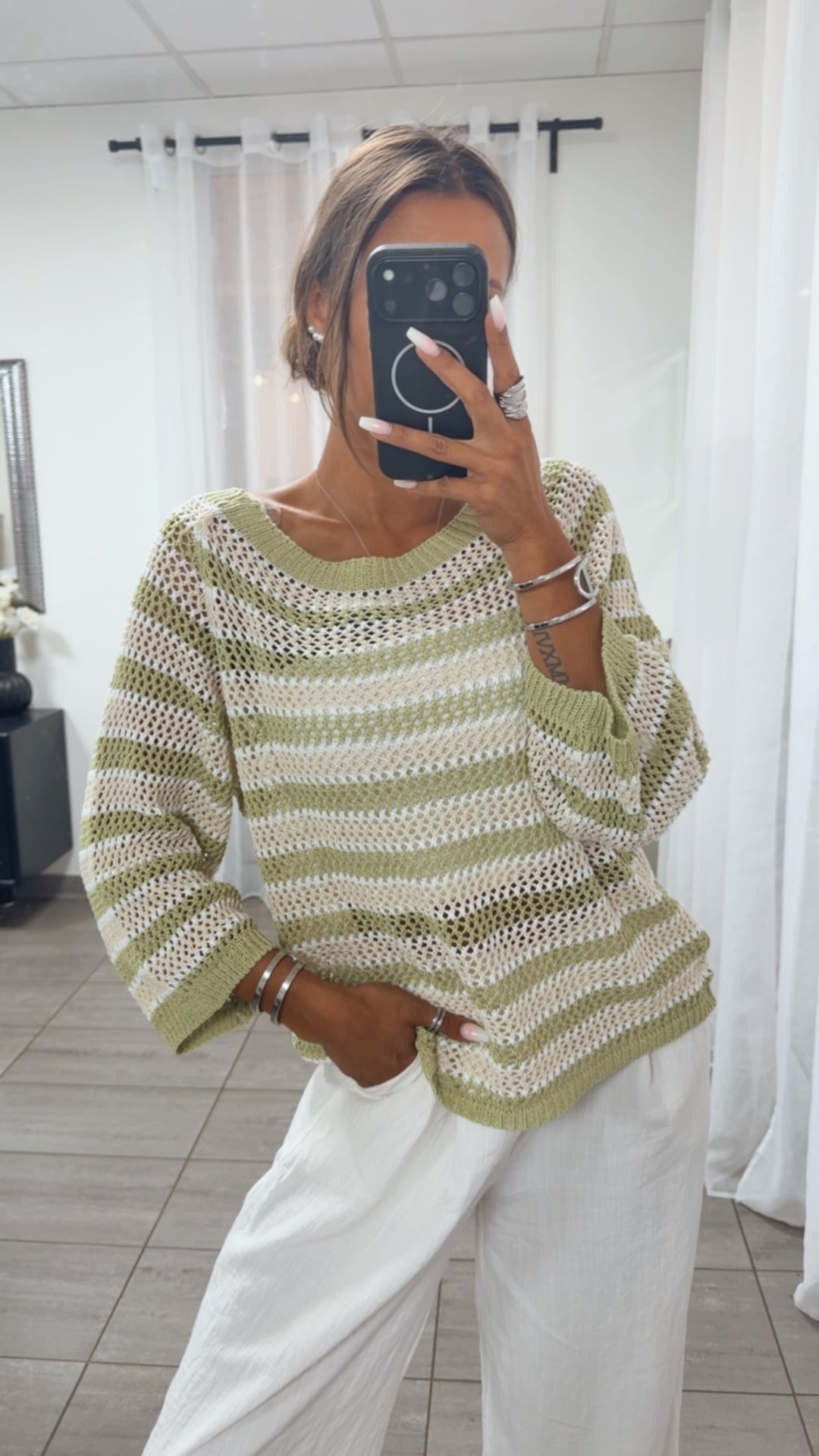Luftiger, fester Streifen Strick Pullover / matcha - beige - weiß Art.15654