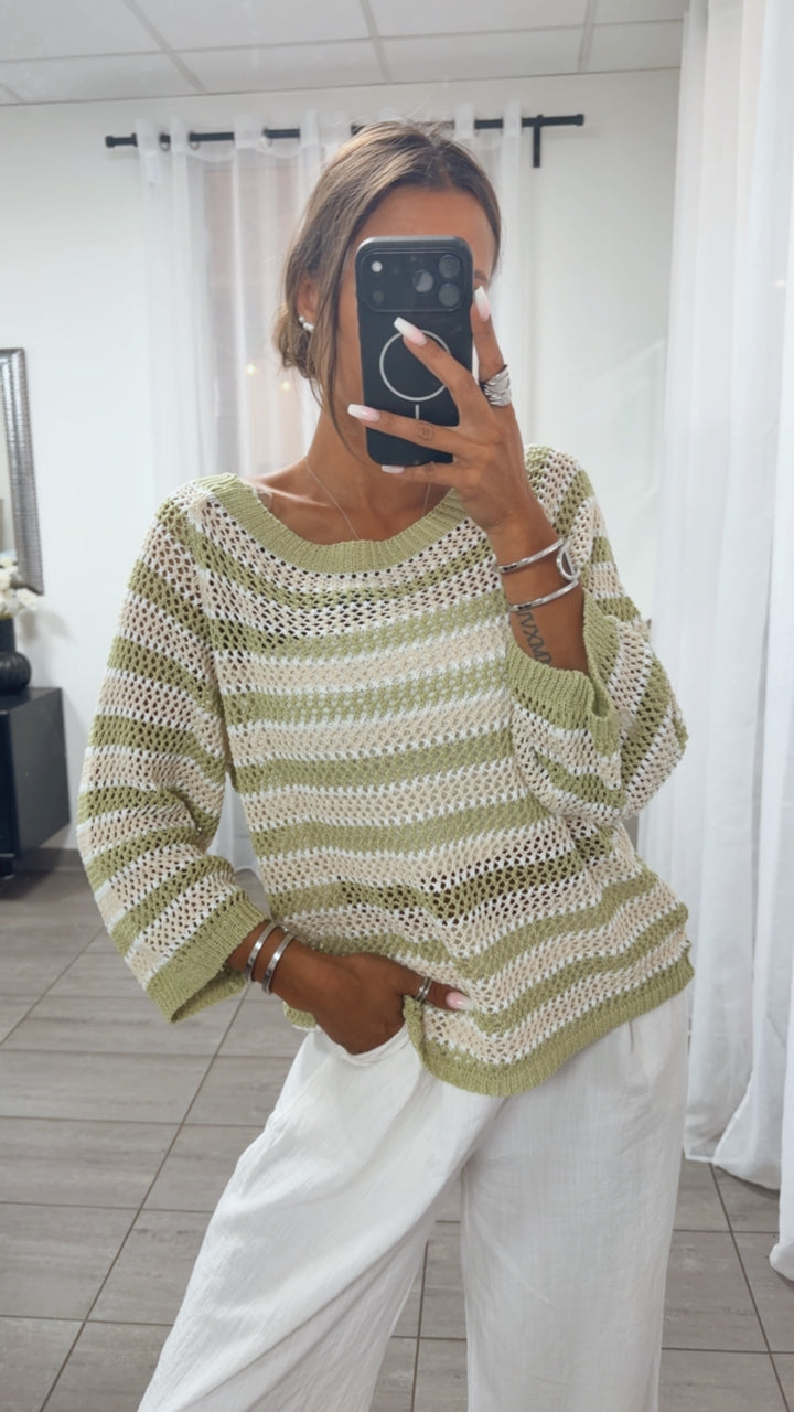 Luftiger, fester Streifen Strick Pullover / matcha - beige - weiß Art.15654