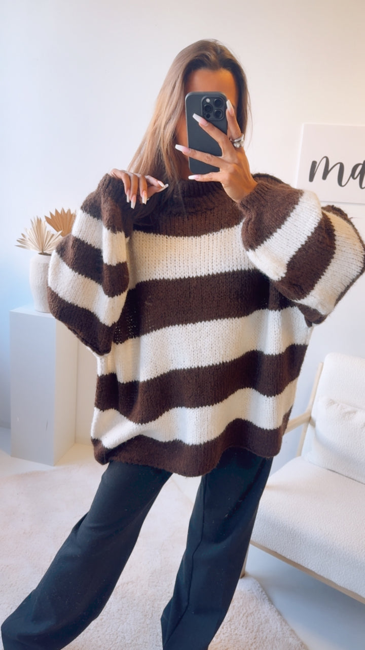 STREIFEN Ultra Oversize Kuschel - Pullover / Schoko braun - wollweiss Art. 12775