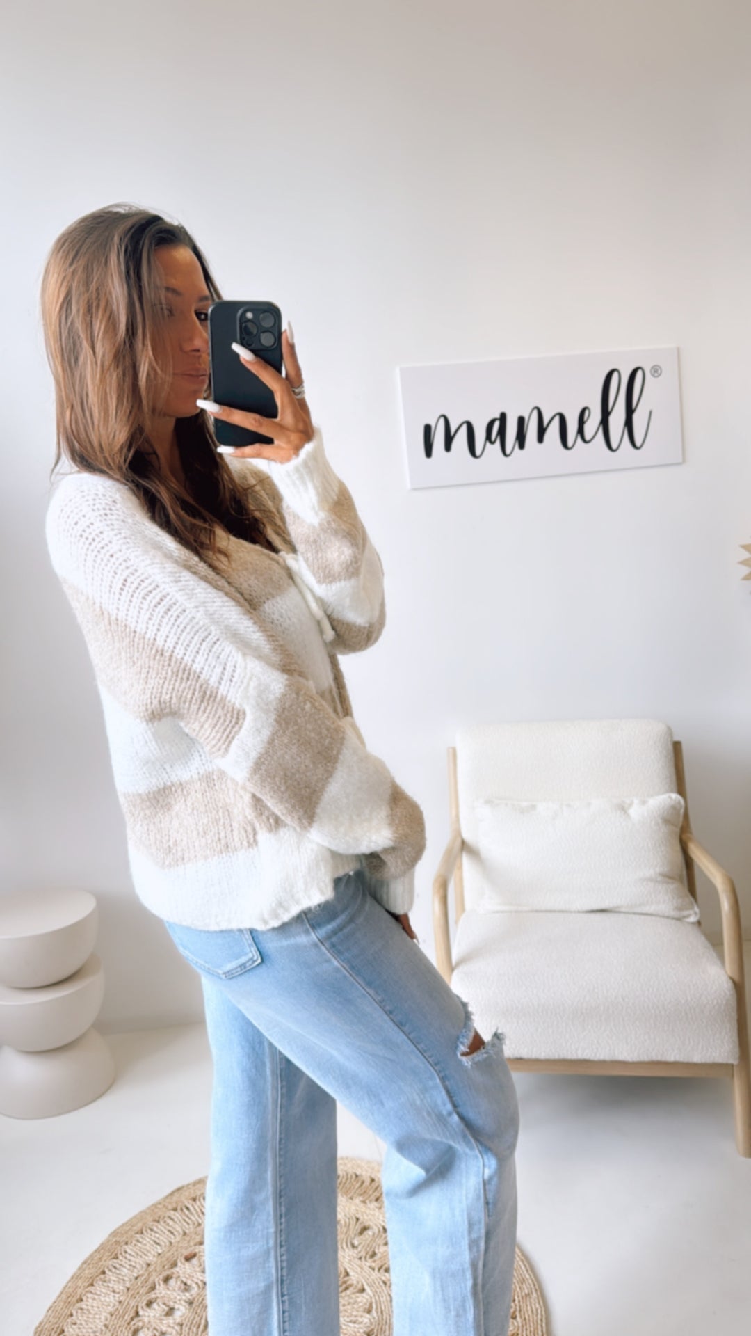 STREIFEN Strick Cardigan zum schnüren / beige - wollweiss Art. 10816