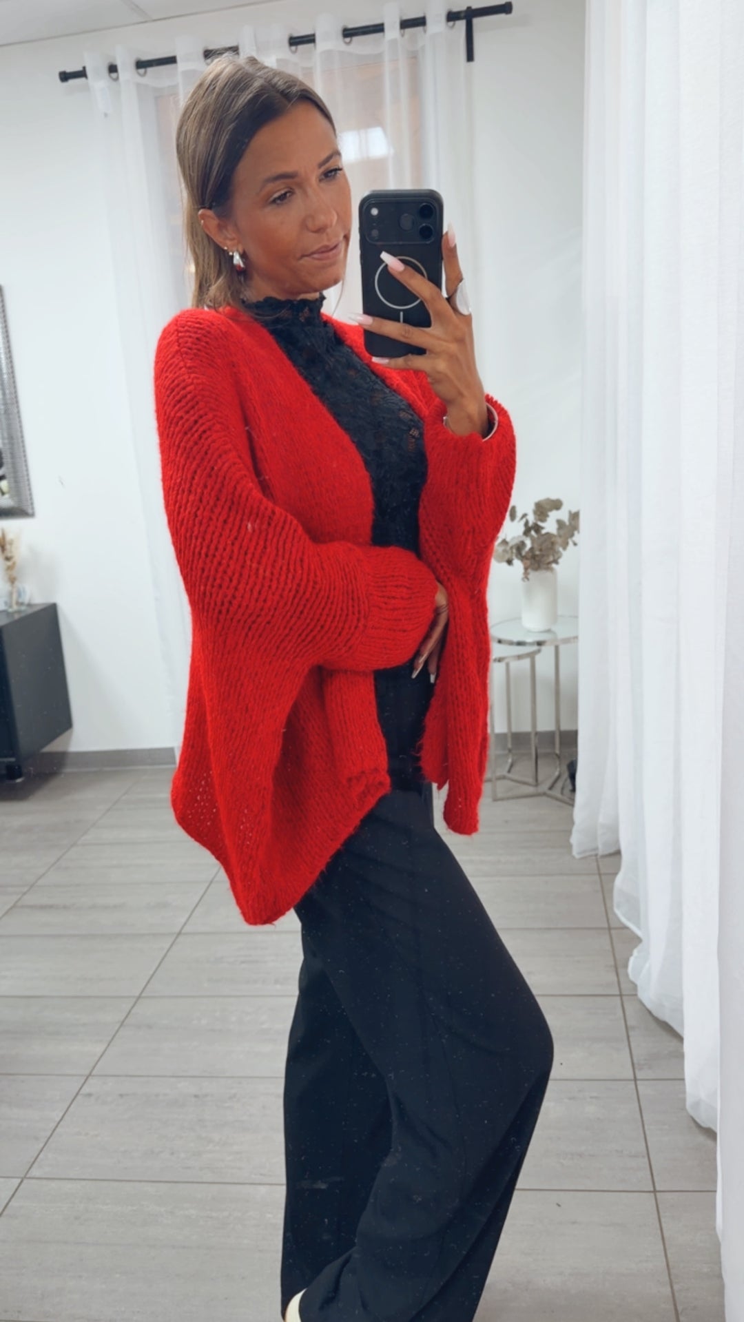 Oversize Strick Cardigan mit 3/4 -  Fledermausärmeln, offen / rot Art. 16215