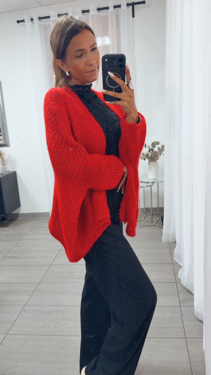 Oversize Strick Cardigan mit 3/4 -  Fledermausärmeln, offen / rot Art. 16215