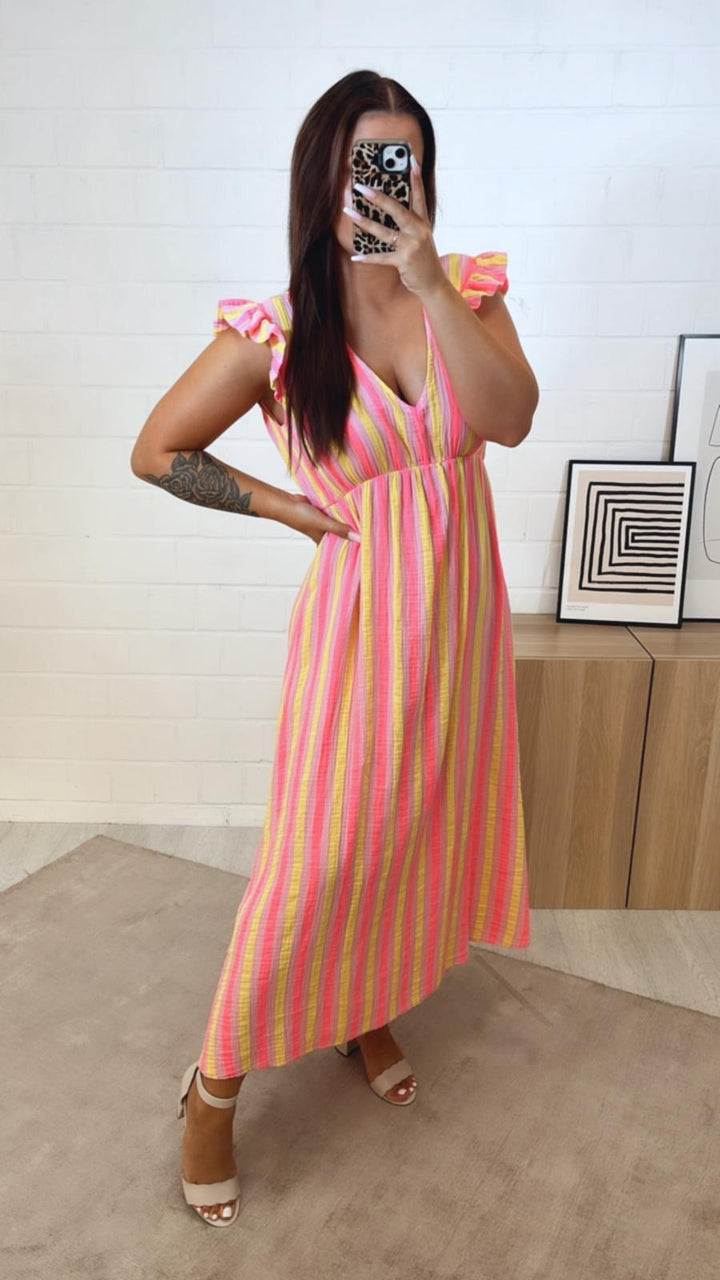 (Midi-) Musselin Kleid mit Volant Schultern, Streifen / soft pink - pink - gelb Art. 10277