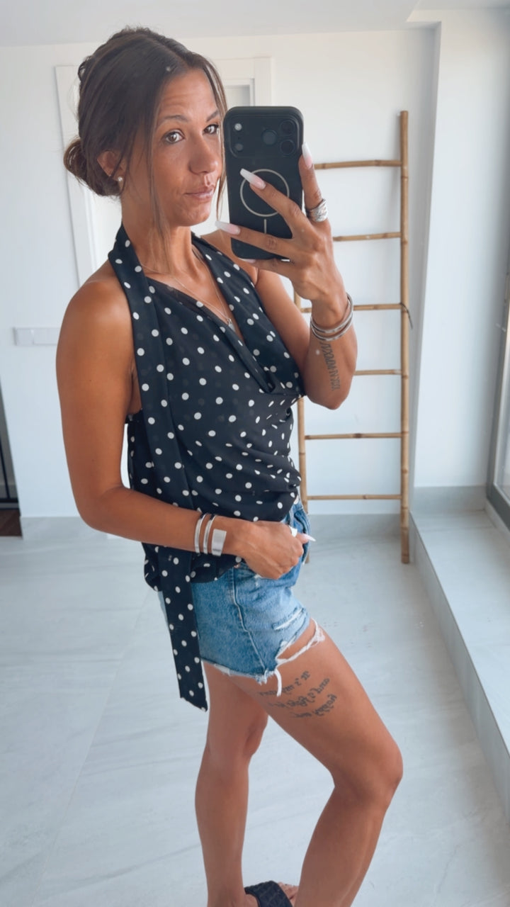 Neckholder-Top „Punkteliebe“ - schwarz creme Art.15219