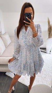 Chiffon Kleid mit verstellbarer Taille, florales Muster / hell blau Art. 9150