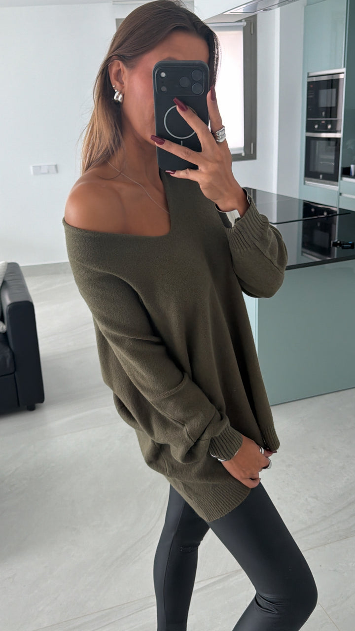 Viskose Mix Pullover mit V-Ausschnitt / khaki Art. 16240
