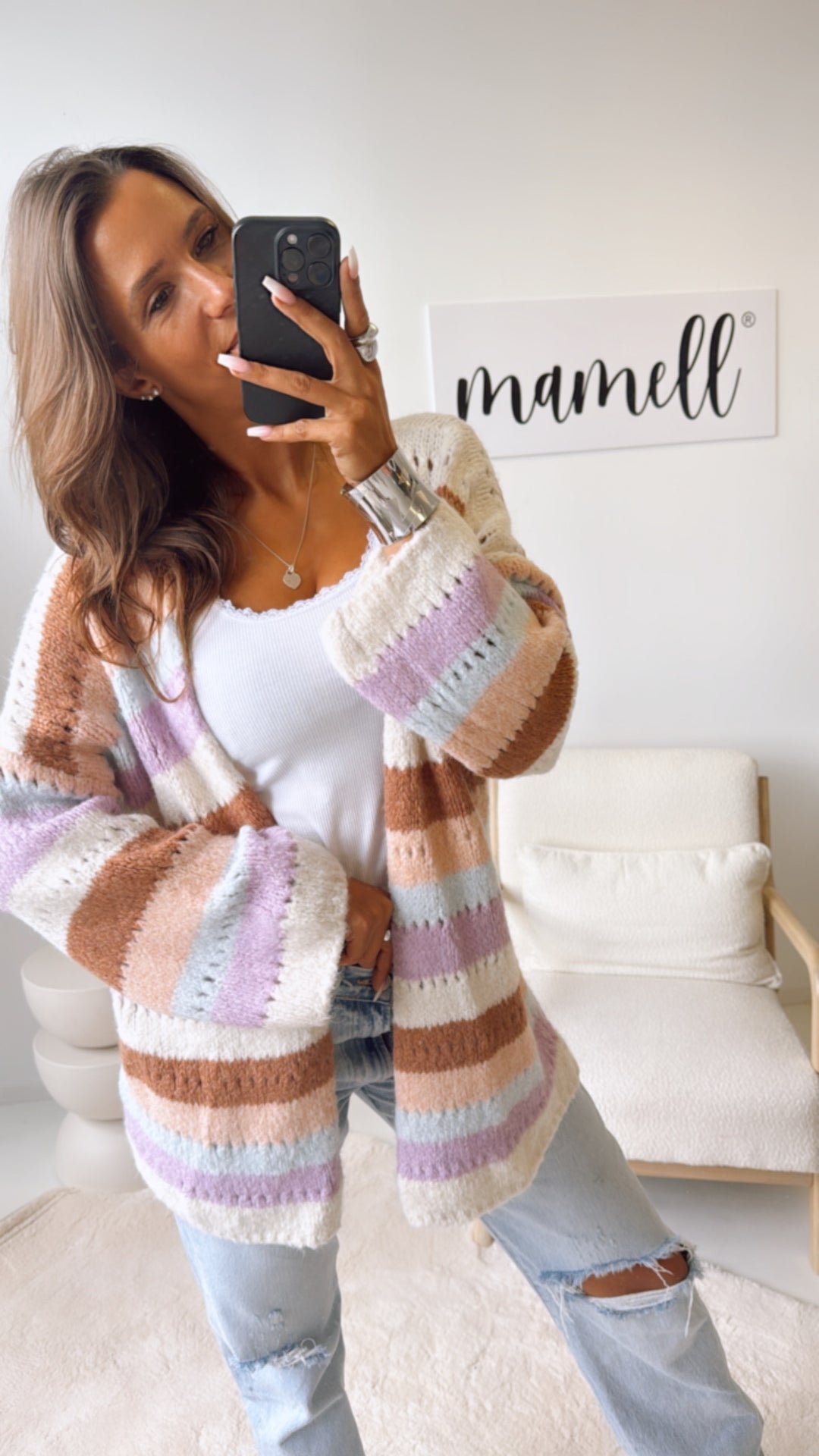 offener Cardigan mit Loch Strick Muster / creme - camel - nude - hell blau - flieder Art. 10943