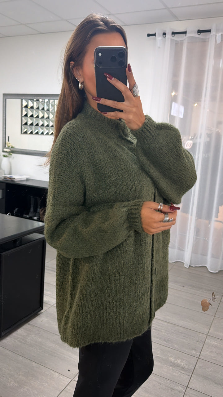 Oversize Strick Cardigan mit Taschen, Strick Knöpfe / Khaki Art. 16737