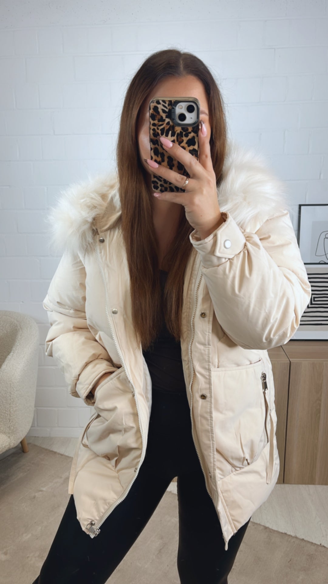 mittellange Stepp Jacke, abnehmbarer Kapuzenkragen / creme Art. 12870