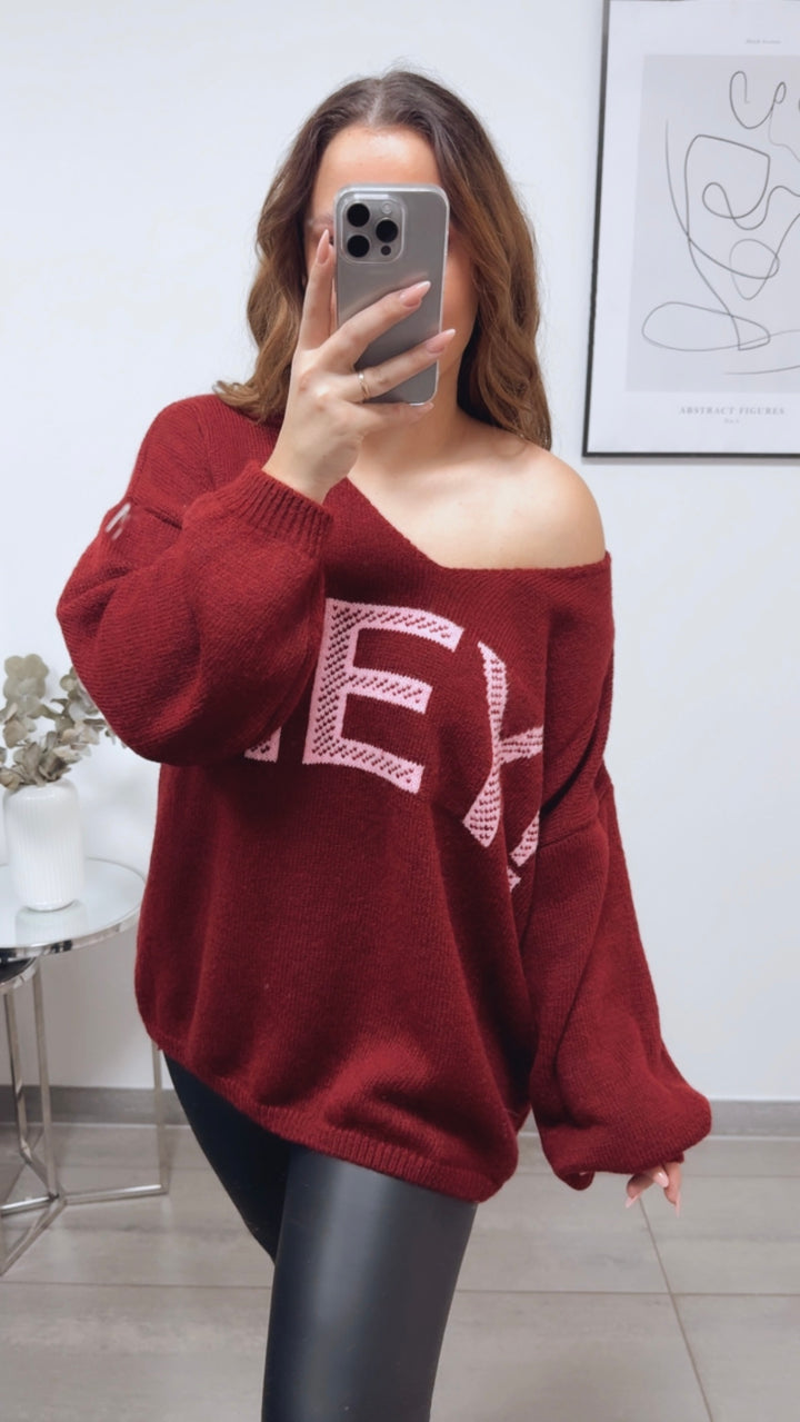 Strick Pullover " HEY ! " / bordeaux rot - pink Art. 13152