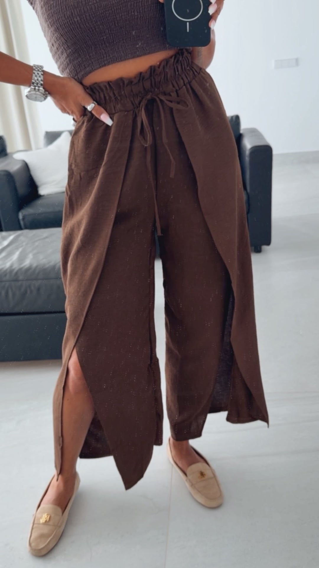 fließende Palazzo Hose mit hohem Schlitz " XYS3375 " / braun Art. 16053