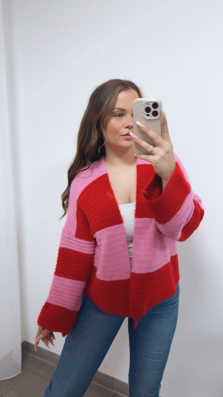 STREIFEN weiter, offener Cardigan / Pink - rot Art. 14686